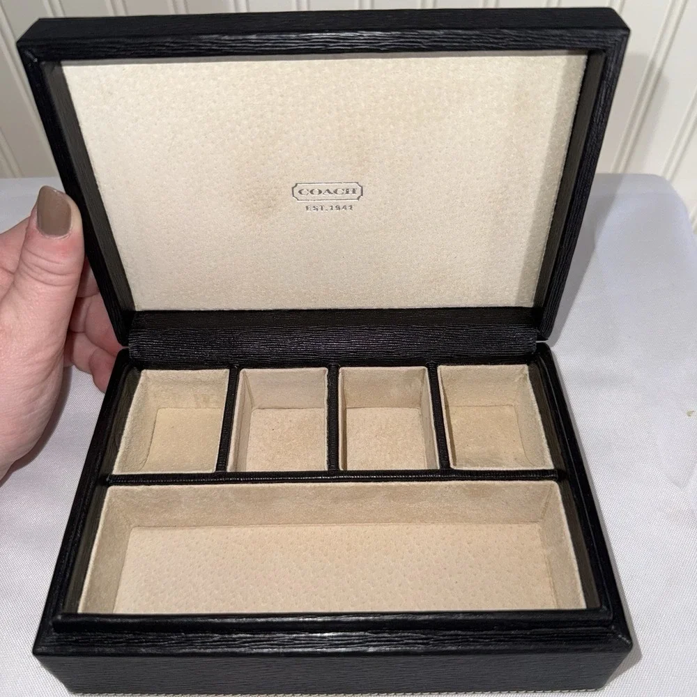 Vintage Coach Hinged Black Textured Epi Leather Hard Case Jewelry Box Made Spain